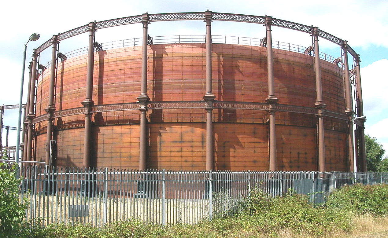 Gasometers are large steel cylinders used to store gas